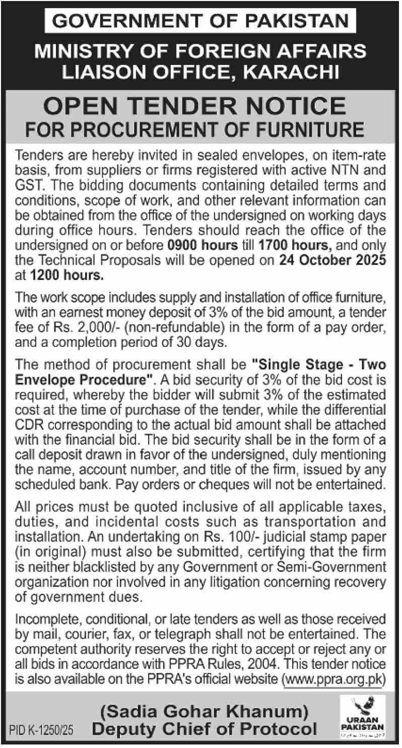 Military of Foreign Affairs Karachi Tender Notice